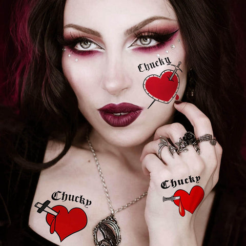 COKTAK 36 PCS Bride of Chucky Tattoo Heart For Women Men Kids Adults, Halloween Zombie Chucky Makeup Kit, Chucky Heart Temporary Tattoos Stickers Cosplay, Bride of Chucky Rave Party Accessories