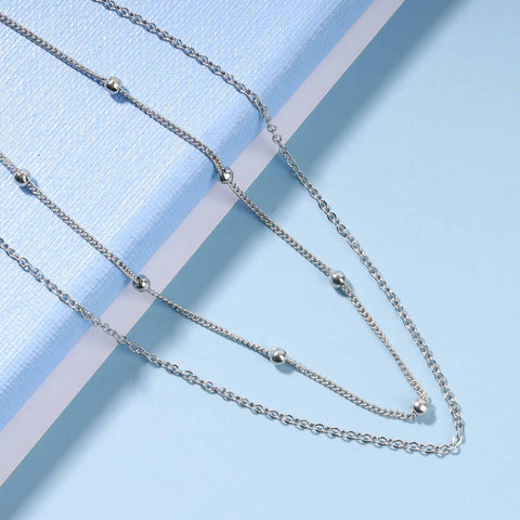 Yheakne Boho Layered Satellite Choker Necklace Silver Ball Chain Necklace Short Collar Necklace Vintage Double Layer Necklace Jewelry for Women and Girls Gifts (Silver)