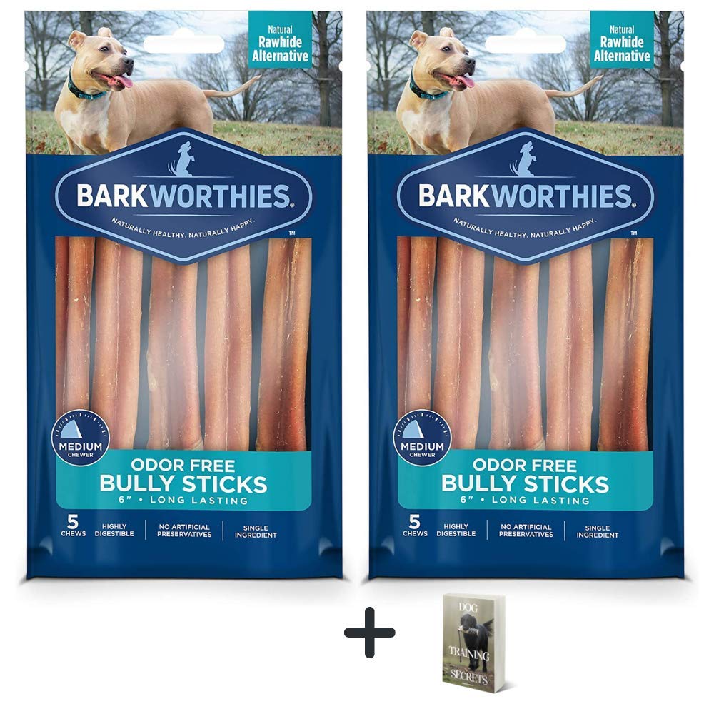 Barkworthies Odor Free Bully Sticks - 2 Pack (5 ct 6 inch) Premium Long Lasting, Protein-Packed, Grain Free Dog Treats and Dog Chews for Aggressive Chewers - Promotes Healthy Teeth for Dogs - E-Book