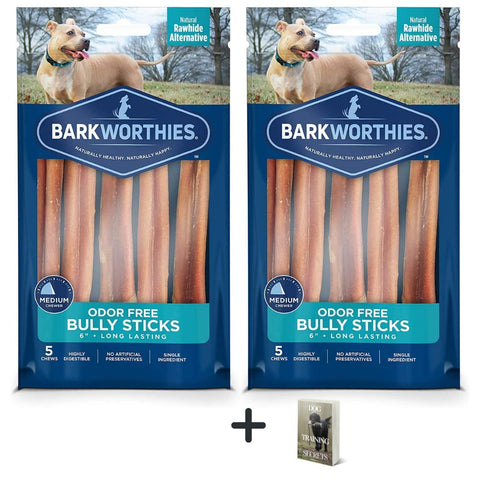 Barkworthies Odor Free Bully Sticks - 2 Pack (5 ct 6 inch) Premium Long Lasting, Protein-Packed, Grain Free Dog Treats and Dog Chews for Aggressive Chewers - Promotes Healthy Teeth for Dogs - E-Book