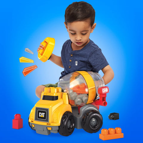 MEGA BLOKS Cat Toddler Blocks Building Toy Set, Cement Mixer Truck with 9 Pieces and Storage, Yellow, Ages 1+ Years