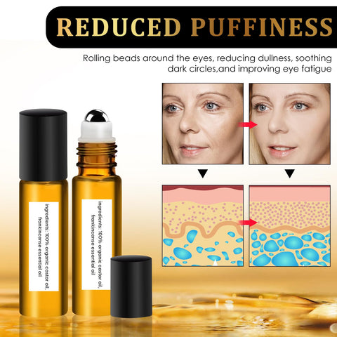 2 Pcs Time Eraser Rollerball Castor Oil, 8ML Under Eye Rollerball, Eraser Roller Ball Essential Oil for Eyes, Castor Oil & Frankincense Eye Roller, Reduce Wrinkles, Puffiness, Bags Under Eyes