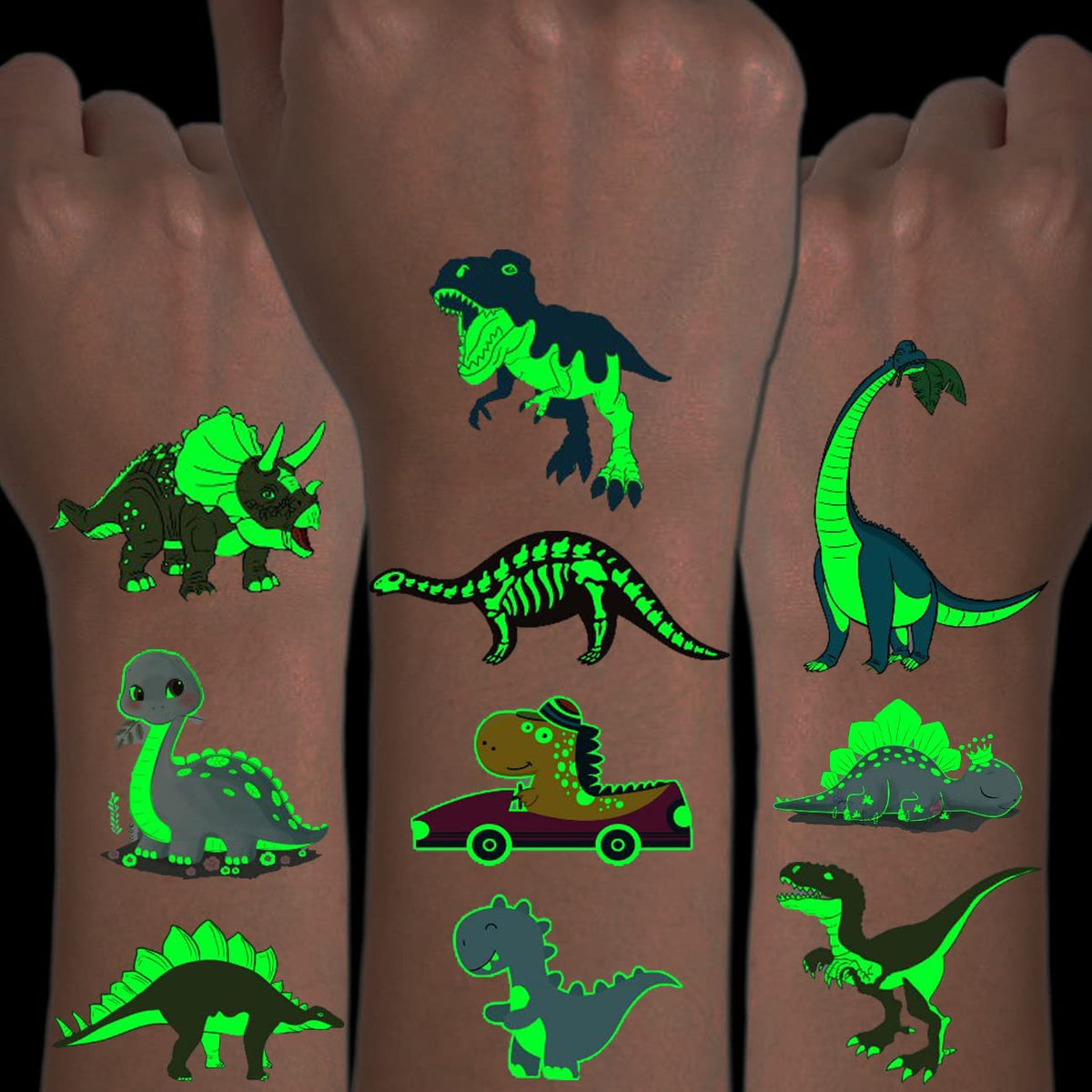 CHARLENT Luminous Dinosaur Tattoos for Kids - 14 Sheets Glow in The Dark Dinosaur Temporary Tattoos for Boys Girls Birthday Party Favors Goodie Bag Fillers