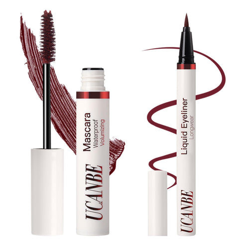 UCANBE Burgundy Mascara and Liquid Eyeliner Set, Waterproof Berry Red Colored Eye Makeup Duo - Enhance Your Gaze with Natural Lasting Lift & Curl for Lashes and Pigmented Smudge-Proof Eye Liner