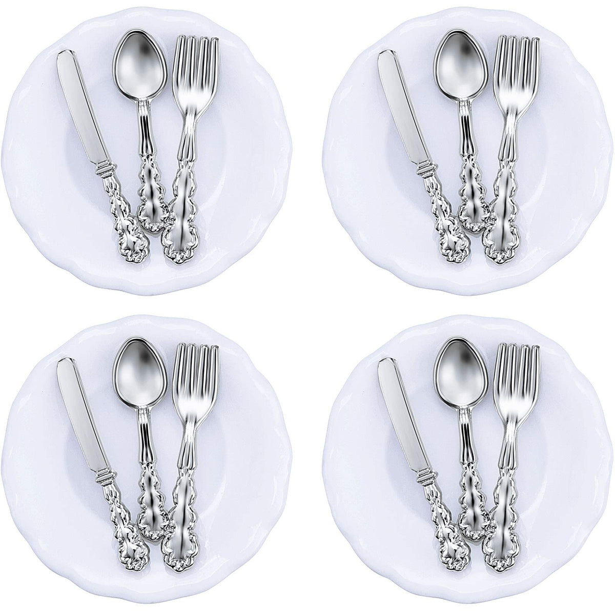 Skylety 4 Pieces 1:12 Scale Miniature Dollhouse Plates and 12 Pieces Spoons Knives Forks Metal Tableware Kitchen Accessories Miniatures Porcelain Plate Set Dollhouse Decoration