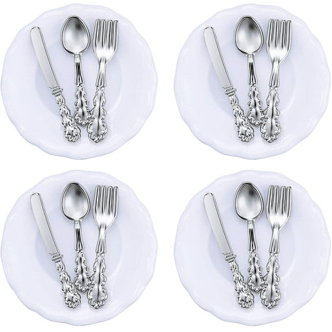 Skylety 4 Pieces 1:12 Scale Miniature Dollhouse Plates and 12 Pieces Spoons Knives Forks Metal Tableware Kitchen Accessories Miniatures Porcelain Plate Set Dollhouse Decoration