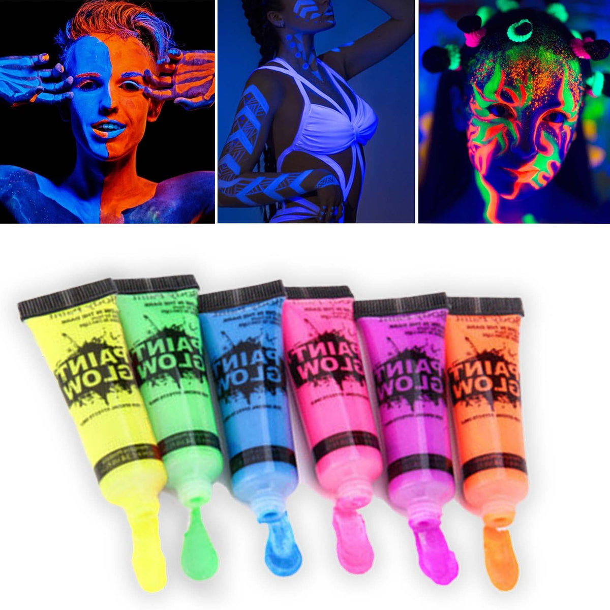 6 Pcs Glow in the Dark Body and Face Paint,Blacklight Neon Body Paints,Washable Quicker Dry Fluorescent Face & Body Makeup for Party Supplies