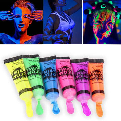 6 Pcs Glow in the Dark Body and Face Paint,Blacklight Neon Body Paints,Washable Quicker Dry Fluorescent Face & Body Makeup for Party Supplies