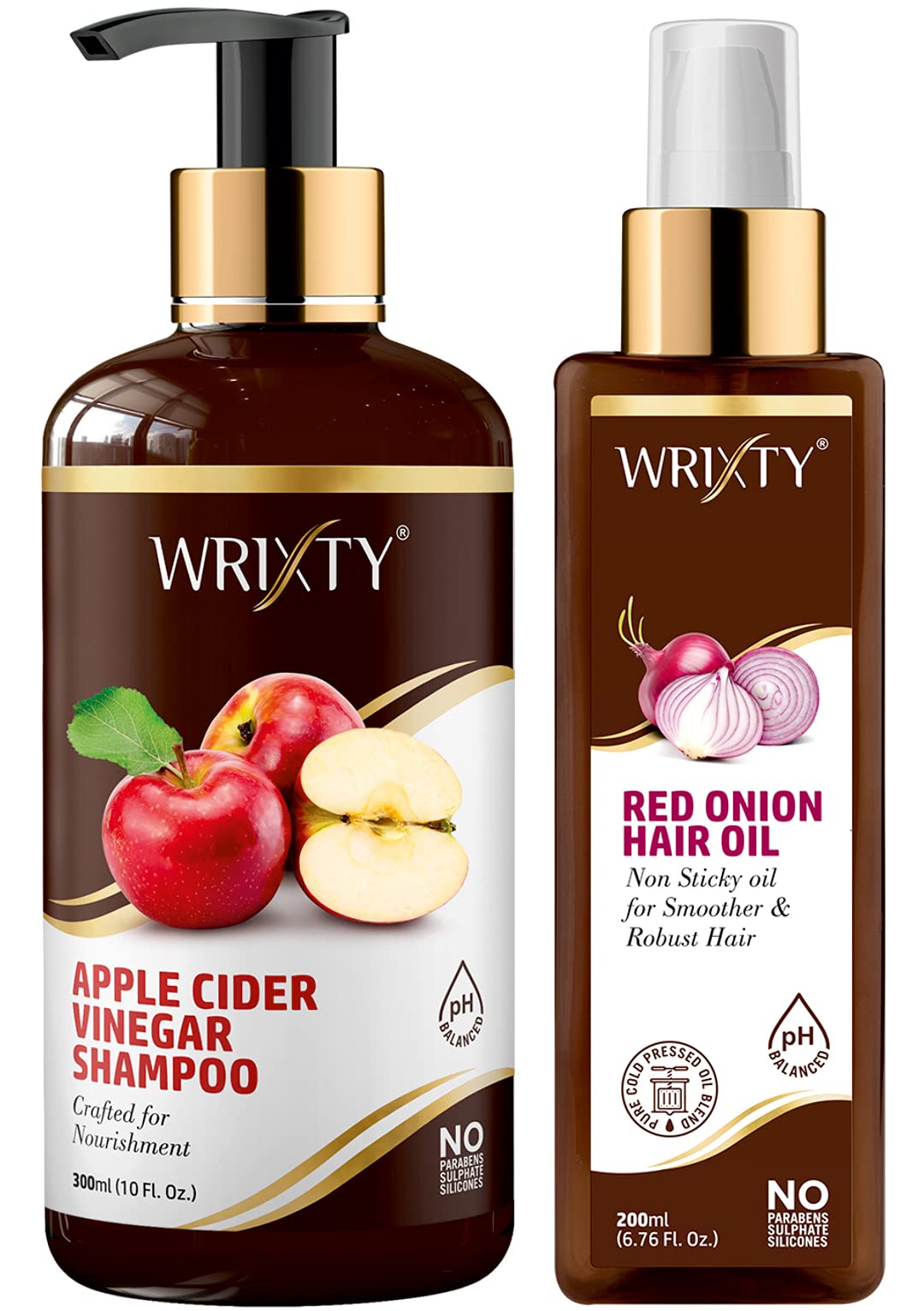 Wrixty Apple Cider Vinegar Shampoo (300ml) & Red Onion Oil (200ml) for Hair Growth & Hair Fall Control Hair Oil | For Men and Women | For Stong Hair | Non Sticky Oil for Smoother Hair