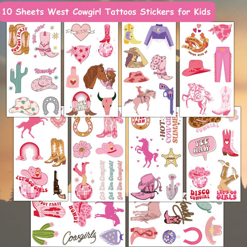 CHARLENT Cowgirl Temporary Tattoos for Kids Party Supplies - Western Cowgirl Temporary Tattoos for Girls Birthday Party Favors Goodie Bag Fillers