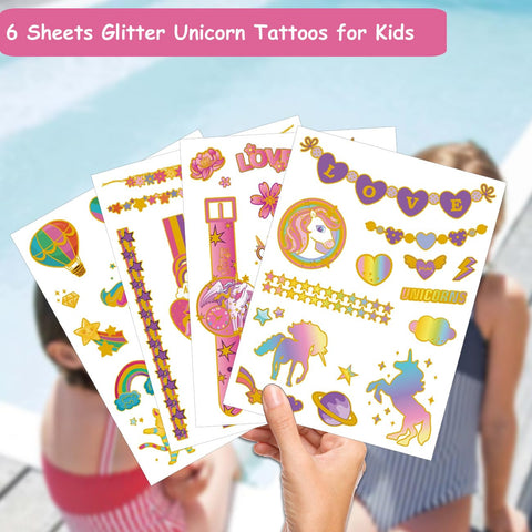 CHARLENT 65 Glitter Styles Temporary Tattoos for Girls Party Supplies - 6 Sheets Glitter Tattoos for Girls Birthday Party Favors Goodie Bag Fillers