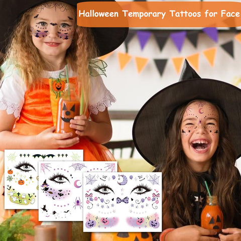 CHARLENT Halloween Face Temporary Tattoos for Kids Women - Halloween Pumpkin Face Tattoos for Women Boys Girls Halloween Makeup Party Favors Treats Goodie Bag Fillers