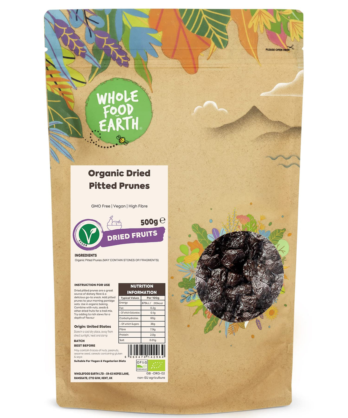 Wholefood Earth Organic Dried Pitted Prunes - 500g | GMO Free | Vegan | High Fibre | Certified Organic