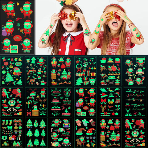 Christmas Luminous Temporary Tattoos for Kids Adults, 230PCS Xmas Santa Claus Snowman Body Stickers, Glow in the Dark Face Makeup Fake Tattoos, Christmas Tree Holiday Party Favor Supplies Decorations