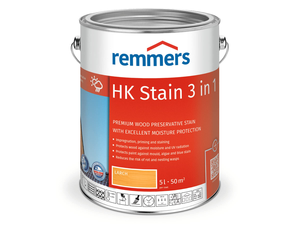 Remmers HK Stain Pine/Larch, 5 litres, Decorative, Solvent-Based Premium Wood Preservative Stain for Exterior use, 3-fold Wood Protection with Impregnation + Primer + Stain