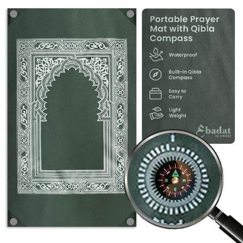 ABDEEZ Portable Prayer Mat with Built-in Qibla Compass and Pouch - Pray Anywhere, Anytime! (Green)