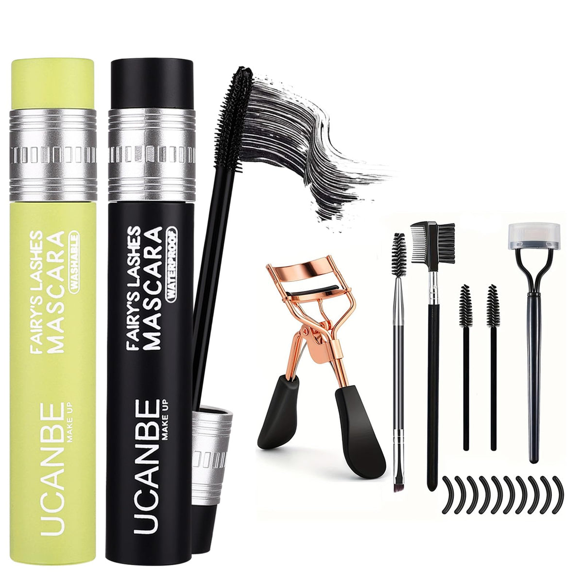 UCANBE Mascara Volume and Length + 7Pcs Eyelash Curler Kit, Waterproof Thrive Mascara Black Curling Long-Stay, Smudge-Proof, No Flaking, No Clumps, Hypoallergenic Tubing Mascara