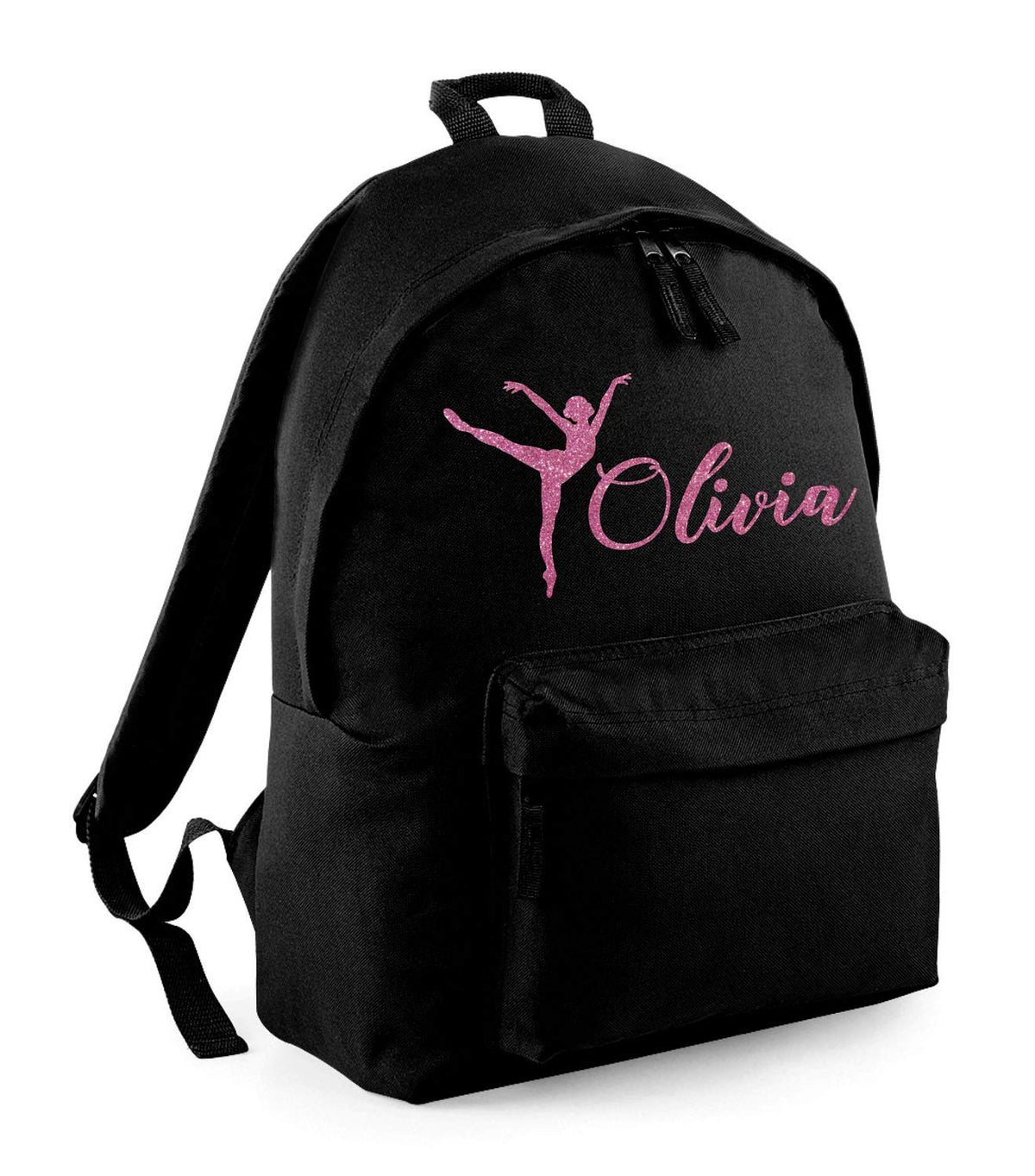 beyondsome Girls Personalised Dance Glitter Backpack Kids Gymnastics School Rucksack Bag, Black/Pink Glitter Print