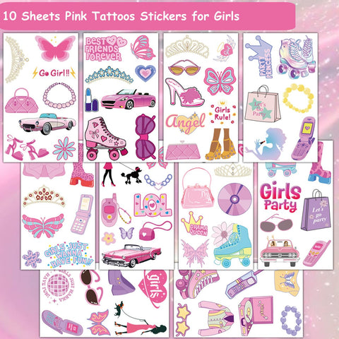 CHARLENT Pink Temporary Tattoos for Girls Party Supplies - 80 PCS Retro Pink Temporary Tattoos for Girls Birthday Party Favors Goodie Bag Fillers