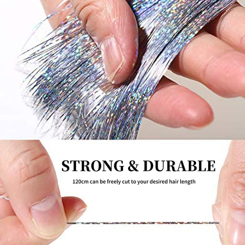 Hair Tinsel Extensions 200 Strands with Tools, Sparkling Shiny Hair Tinsel Kit, Heat Resistant Glitter Tinsel Hair Extensions for Women Girls 48 Inch