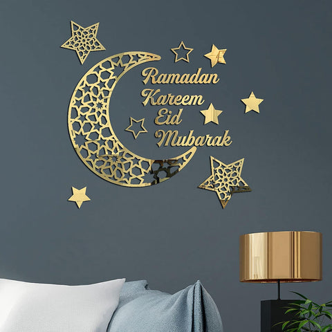 Ramadan Mubarak Decorations for Home Ramadhan Decoration Wall Stickers Eid Decor Moon Star Acrylic Walls Decals for Islamic Muslim Home (Gold)