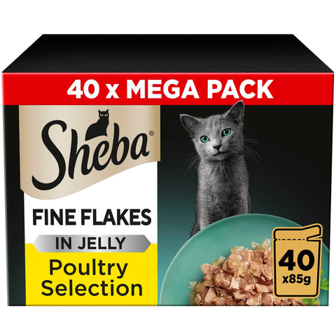 Sheba Fine Flakes Poultry Collection in Jelly 40 Pouches, Adult Wet Cat Food, Megapack , 85 g (Pack of 40)