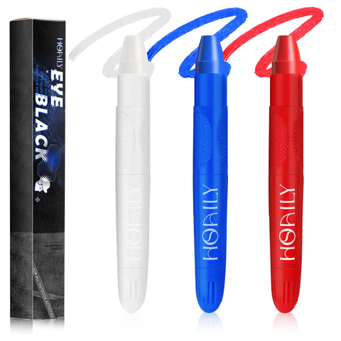 HOSAILY 3Pcs Eye Black Stick for Sports, Easy to Color Face Body Paint Eye Black for Baseball Softball Football Lacrosse, Halloween Costume Cosplay Parties Face Eye Paint Makeup Stick (Blue+Red+White)