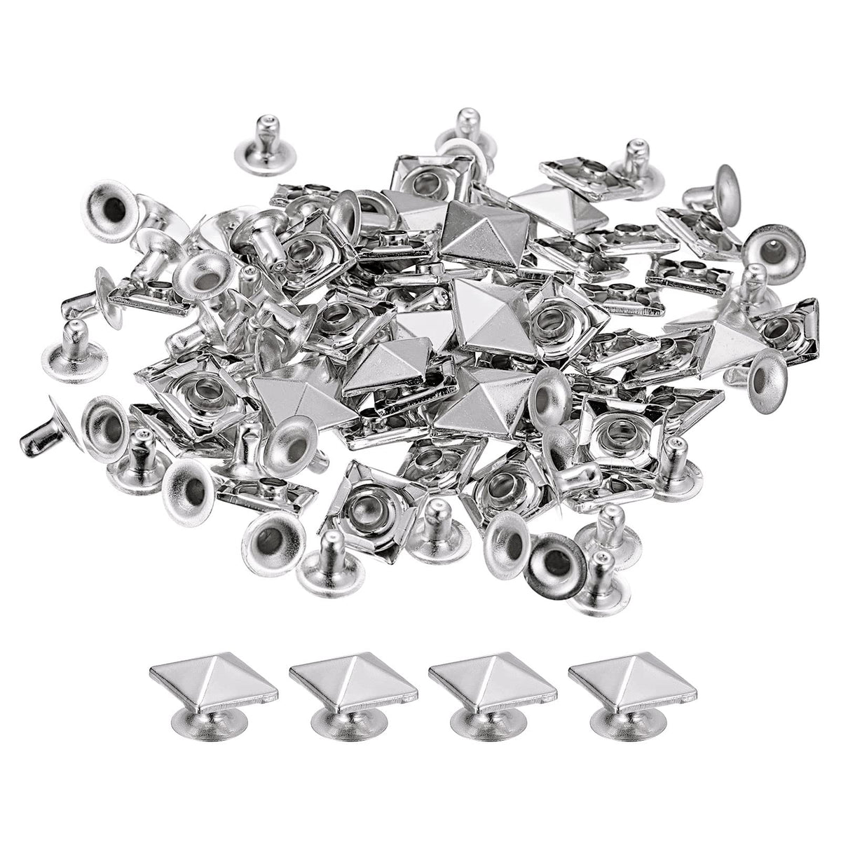 uxcell 100 Sets Spike Rivet, 10mm Pyramid Rapid Rivet Studs Square Punk Spikes Leathercraft Decoration for Clothing Belts Bags Shoes, Silver Tone