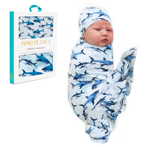 Posh Peanut Unisex Baby Swaddle Blanket - Large Premium Knit Viscose from Bamboo - Infant Swaddle Wrap, Receiving Blanket and Beanie Set, Baby Shower Newborn Gift, Registry Sharks