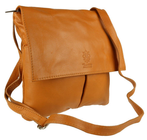 Girly Handbags Womens Double Pocket Italian Leather Messenger Bag - Tan