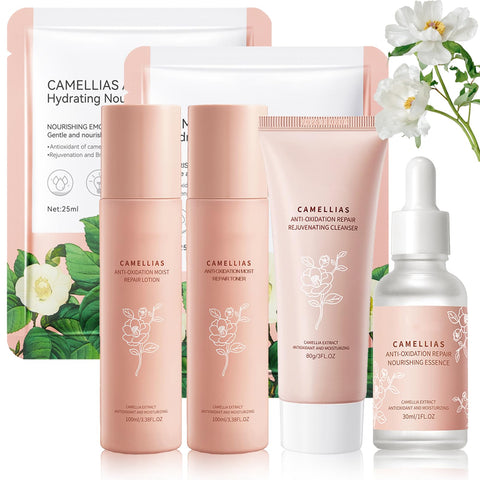 Facial Skin Care Sets, Camellia Skin Care Set, Hydrating Facial Kit For Women,Skin Care Routine Kit:Toner, Serum, Lotion, Cleanser, Mask, Beauty Products Skincare Kit For Teen Girls Moisturize