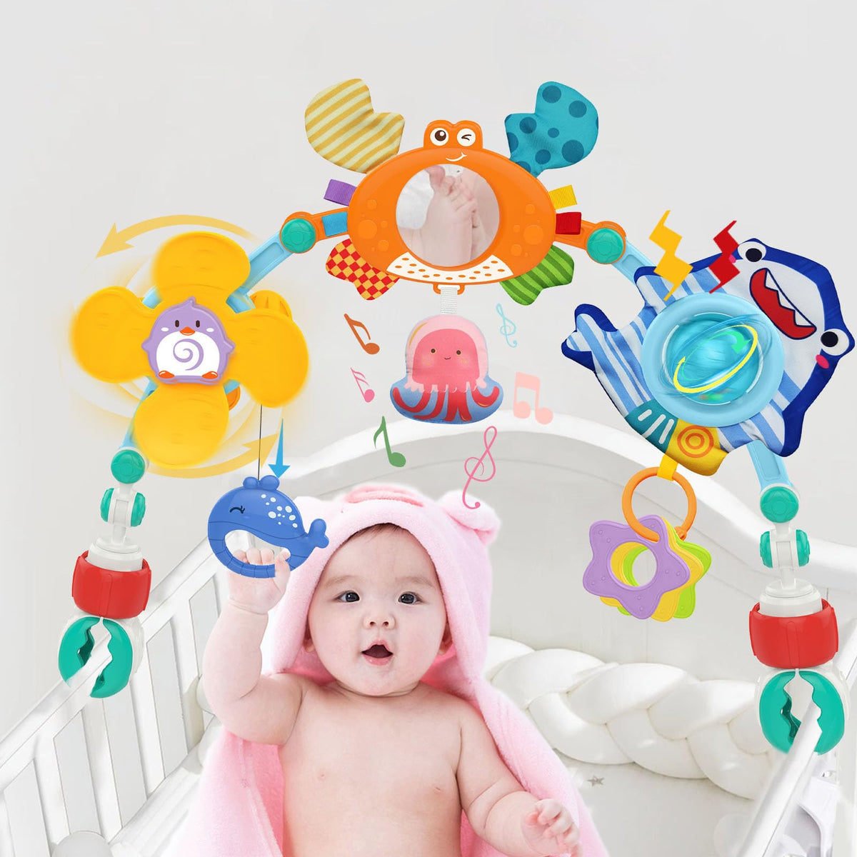 Baby Pram Toys 0-6 Months Plus, Newborn Toys Baby Montessori Toddler Sensory Toys for Babies Essentials 0-6-12 Months, Birthday Baby Stocking Fillers for Boys Girls 0 3 6 12 Month Shower Gift