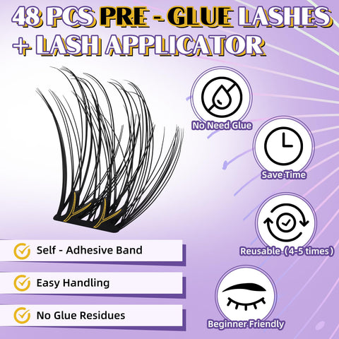 B&Q Self Adhesive Eyelashes 48 PCS Reusable Adhesive Eyelashes Pre-Glued Cluster Lashes D Curl No Glue Eyelashes 10-16mm with Lash Tweezers 1 Step DIY Lash Self Stick Easy to Apply (SA01-D)