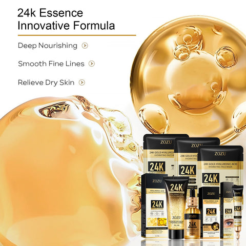 24K Facial Skin Care Sets, Skin Care Products Set: Cleanser, Serum, Eye Cream, Mask, Skincare Routine Set for Women, Hyaluronic Acid Serum Face Care Kit for Dry Skin Long-Lasting Moisturizing