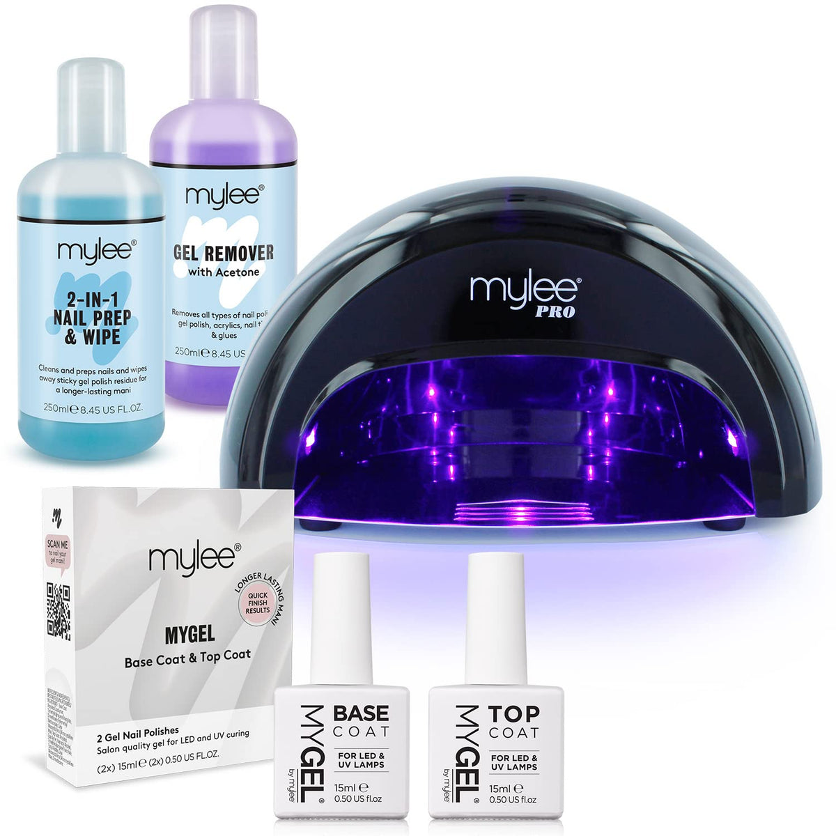 MYLEE 15 Seconds Cure Convex CuringÂ® LED Gel Polish Nail Drying Lamp KIT, 3 Curing Cycle, Compatible With All Gel Polish, Kit incl. MYGEL Top & Base Coat, Mylee Prep + Wipe, Gel Remover (Black Lamp)