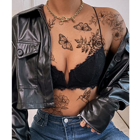 CHARLENT Realistic Black Flower Temporary Tattoos for Women - Rose Swallow Butterfly Peony Waterproof Sexy Fake Tattoos for Body Face Hand Arm