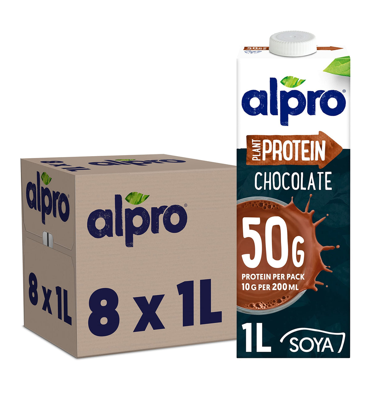 Alpro Chocolate Soya High Protein Plant-Based Long Life Drink, Vegan & Dairy Free, 1 Litre (Pack of 8)