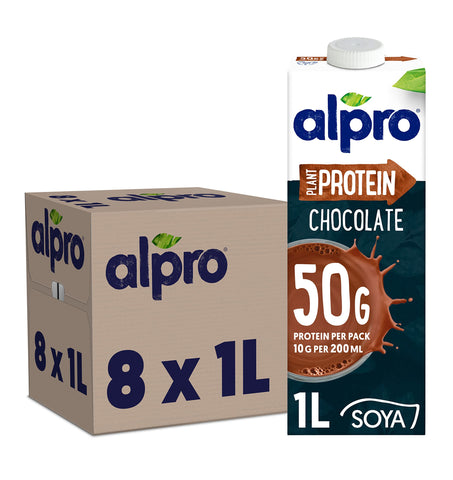 Alpro Chocolate Soya High Protein Plant-Based Long Life Drink, Vegan & Dairy Free, 1 Litre (Pack of 8)