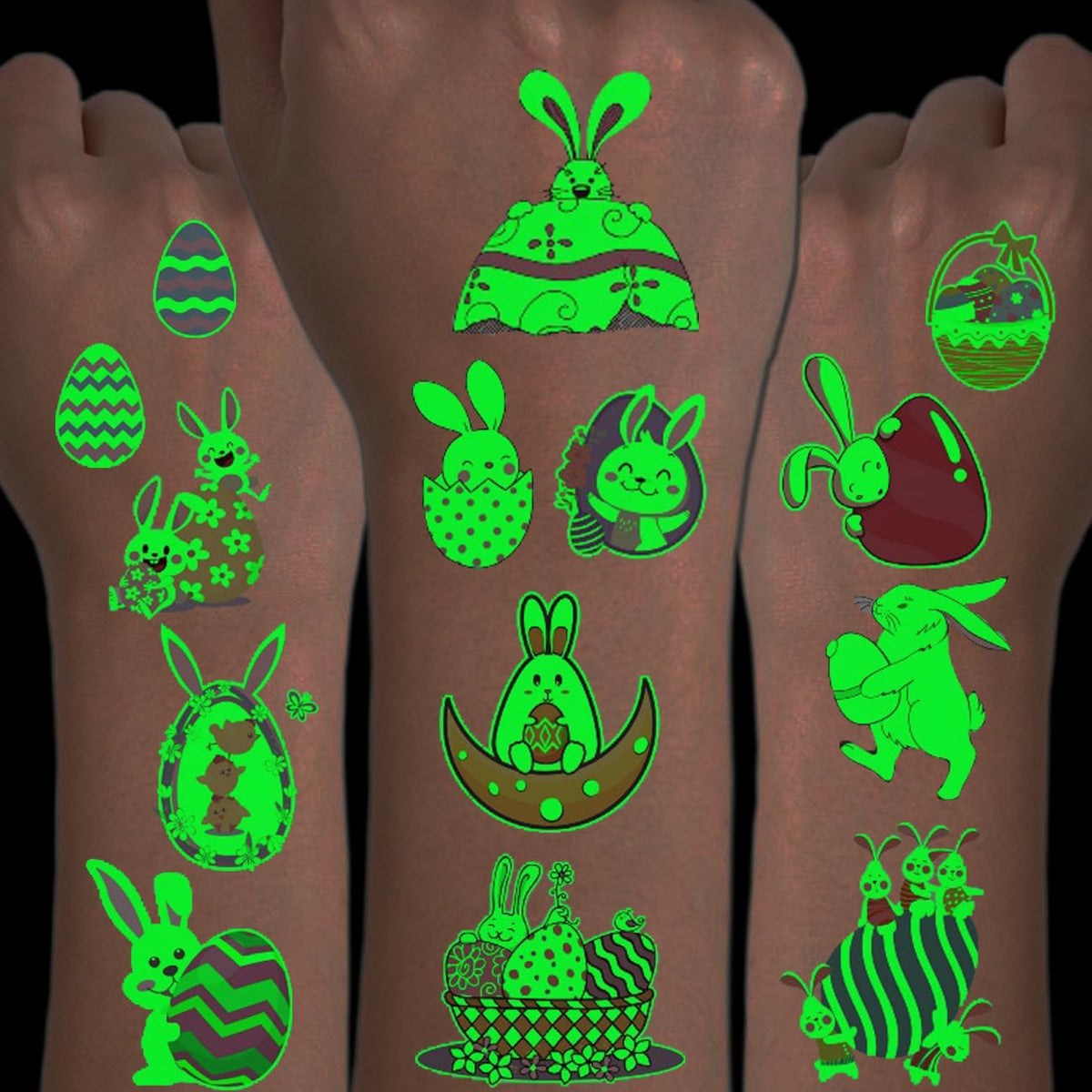 CHARLENT Glow in The Dark Easter Temporary Tattoos for Kids - 100 Styles Luminous Easter Egg Bunny Tattoos for Boys Girls Party Favors Goodie Bag Fillers