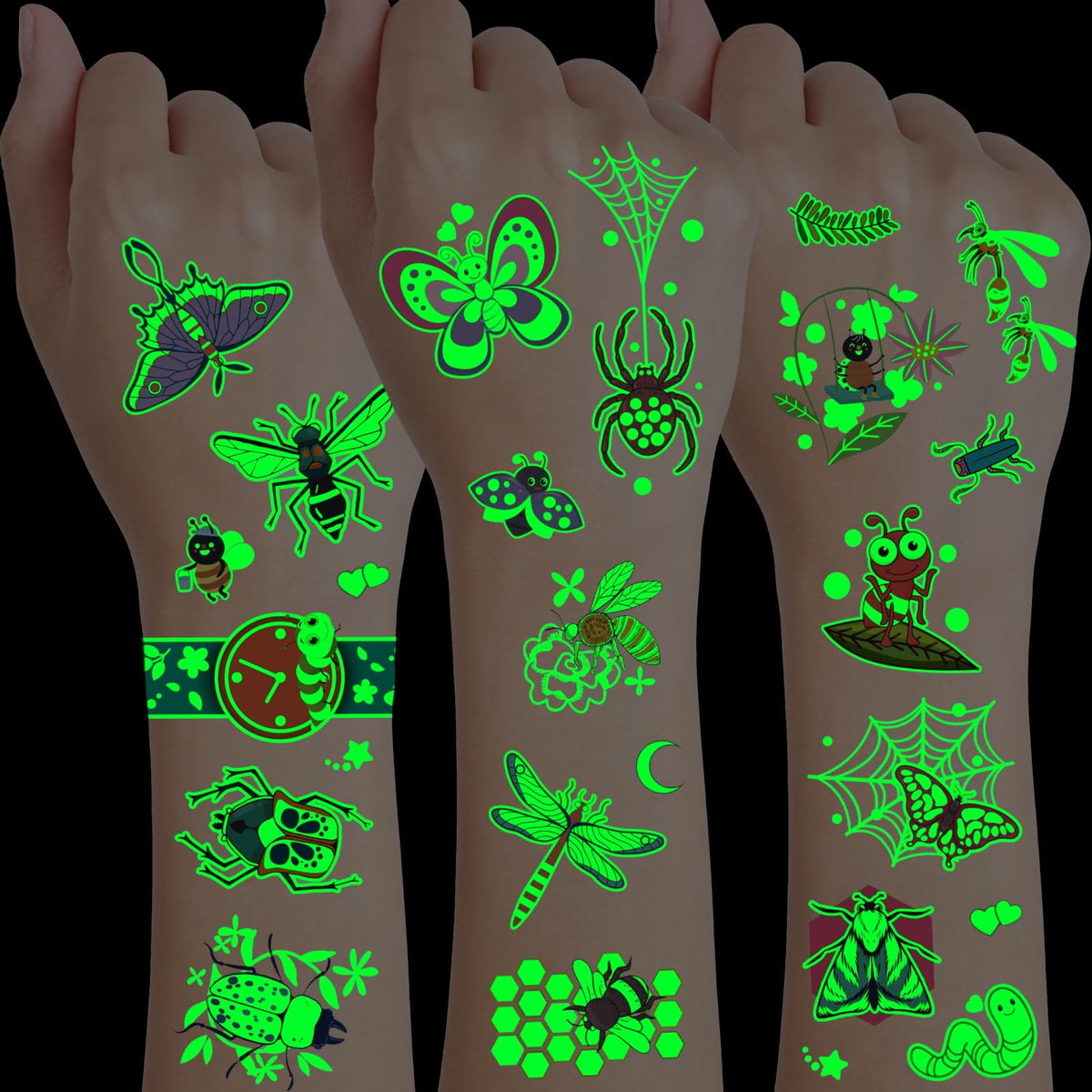 Konsait 12 Sheets Insect Tattoos Glow in the Dark Tattoos, Bugs Tattoos for Kids, Butterfly Bees Spider Tattoos Insect Party Favors, Bug Party Favors for Kids