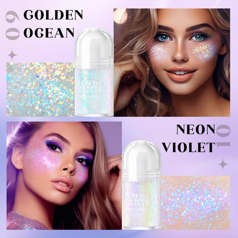 HOSAILY 2 Colors Roll-on Body Glitter Gel, Holographic Glitter Gel Under Light for Body, Hair, Face, Body Shimmer Hair Glitter Gel for Rave Accessories Christmas New Year Halloween Makeup (9+10)