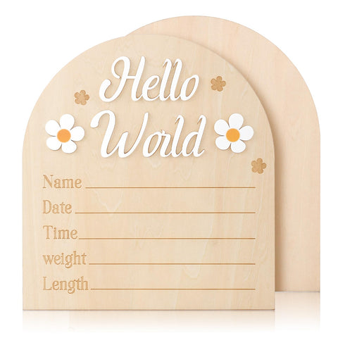 Baby Announcement Sign, Cute Wooden Hello World Sign Daisy Newborn Welcome to The World Sign Birth Announcement Ideas Board Baby Name Plaque for Hospital Baby Shower Photo Prop Home Decoration