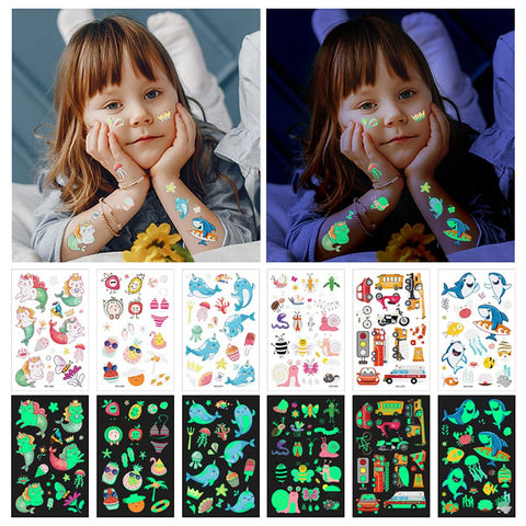 310pcs Luminous Temporary Tattoos for Kids, Mixed Style Glow in the Dark Tattoos, Fake Tattoos Body Face Stickers Decorations, Unicorn Mermaid Shark Dinosaur Pirate Favor Supplies Gifts for Boys Girls