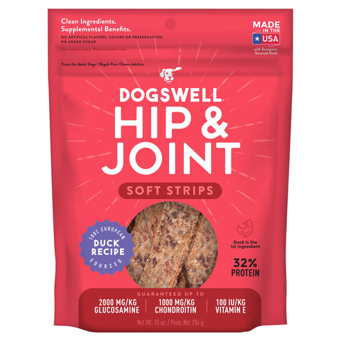 DOGSWELL Hip & Joint Dog Treats 100% Meaty, Grain Free, Glucosamine Chondroitin & Omega 3, Duck Soft Strips 10 oz