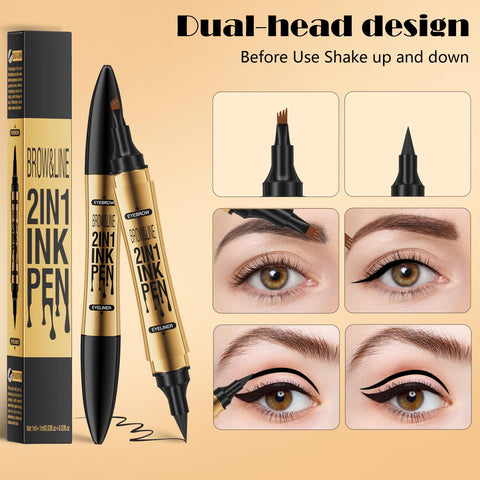 2 in 1 Magic Eyebrow Pencil,2024 Upgrade 3D Microblading Eyebrow Tattoo Pencil 4 Fork Tip with Eyeliner,Double Head Microblading Eyebrow Pencil Waterproof Makeup Tools (Dark Brown)