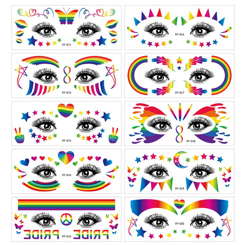 Gay Pride Day Face Temporary Tattoo Sticker 10 Designs Rainbow Stripes Flag Heart Star Butterfly Pattern Stickers LGBT Flash Body Art Temporary Tattoos for Women Men Gay Pride Day Parades Party Favors