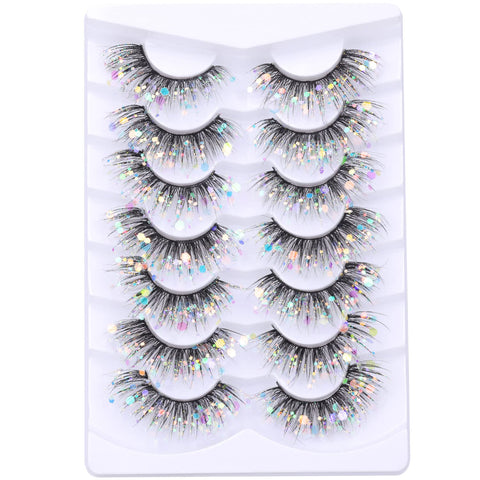 Glitter Lashes Dramatic False Eyelashes with Shinny Glitter Decorative Colored Lashes Glow in the Dark Faux Mink Eyelahses Cat Eye Strip Lashes Pack 7 Pairs