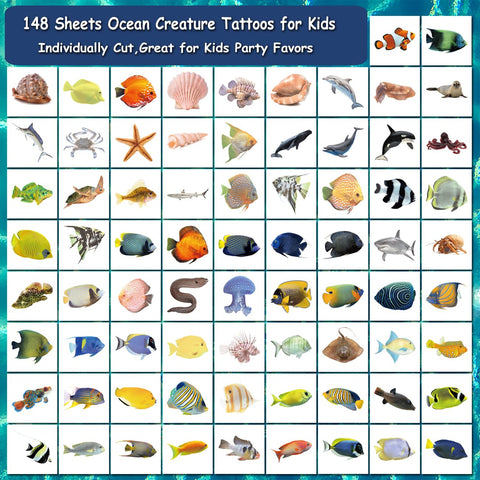 CHARLENT Realistic Ocean Animals Temporary Tattoos for Kids - 148 Individually Sheets Sea Creature Tattoos for Boys Girls Ocean Birthday Party Favors Goodie Bag Fillers