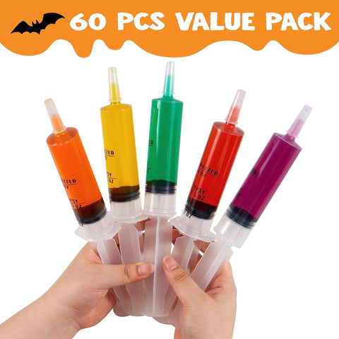 JOYIN 60 PCs 60ml Plastic Syringes, 2 oz Reusable Container Tubes with Caps & Individually Wrapped; Easy-Grip Caps for Halloween Party Favors and Party Supplies