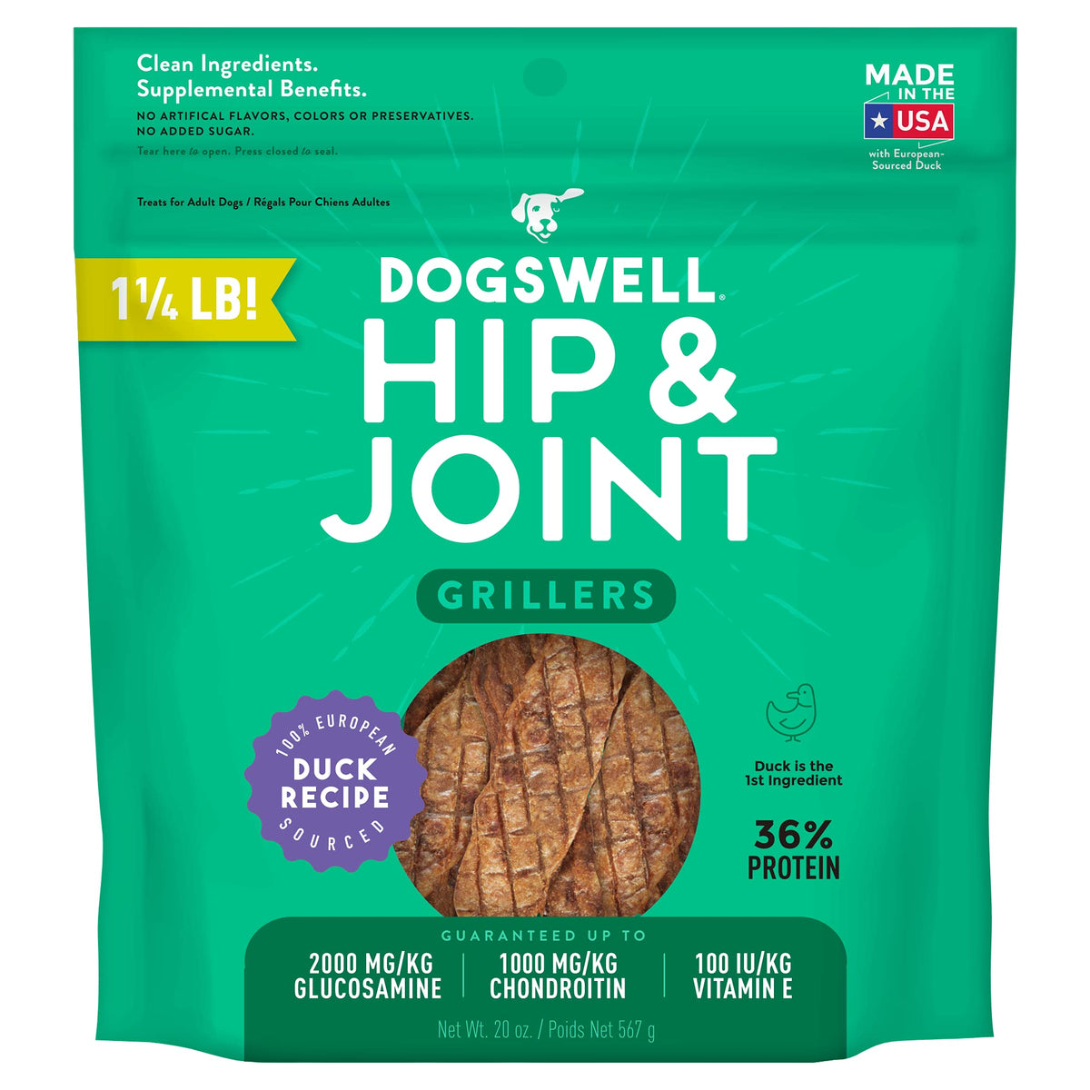 DOGSWELL 100% Grilled Meat Dog Treats, Made in The USA with Glucosamine, Chondroitin & New Zealand Green Mussel for Healthy Hips, 20 oz Duck